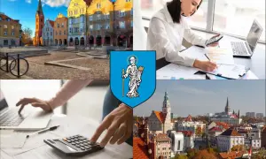 Kolaż: Rynek w Opolu, herb miasta, kobiety pracujące z kalkulatorem i laptopem, panorama Opola.