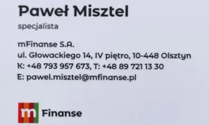 Wizytówka Pawła Misztela, specjalisty mFinanse S.A. w Olsztynie.