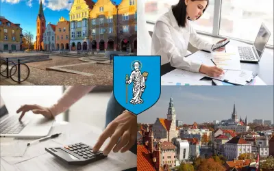 Kolaż: Rynek w Opolu, herb miasta, kobiety pracujące z kalkulatorem i laptopem, panorama Opola.