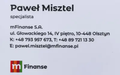 Wizytówka Pawła Misztela, specjalisty mFinanse S.A. w Olsztynie.