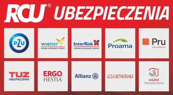 Logotypy firm ubezpieczeniowych: PZU, Wiener, InterRisk, Proama, Pru, TUZ, Ergo Hestia, Allianz, Generali, Agro Ubezpieczenia.