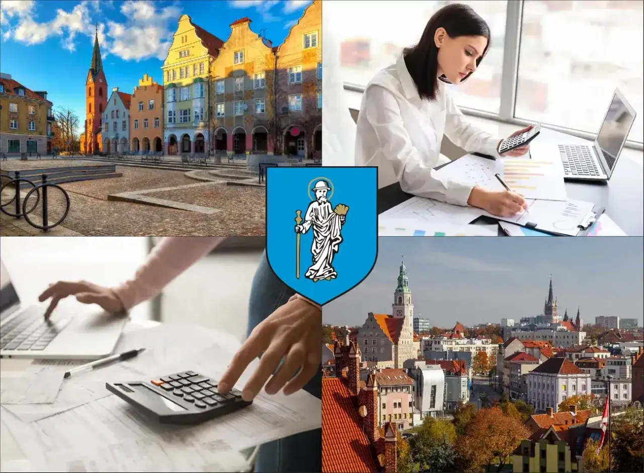 Kolaż: Rynek w Opolu, herb miasta, kobiety pracujące z kalkulatorem i laptopem, panorama Opola.