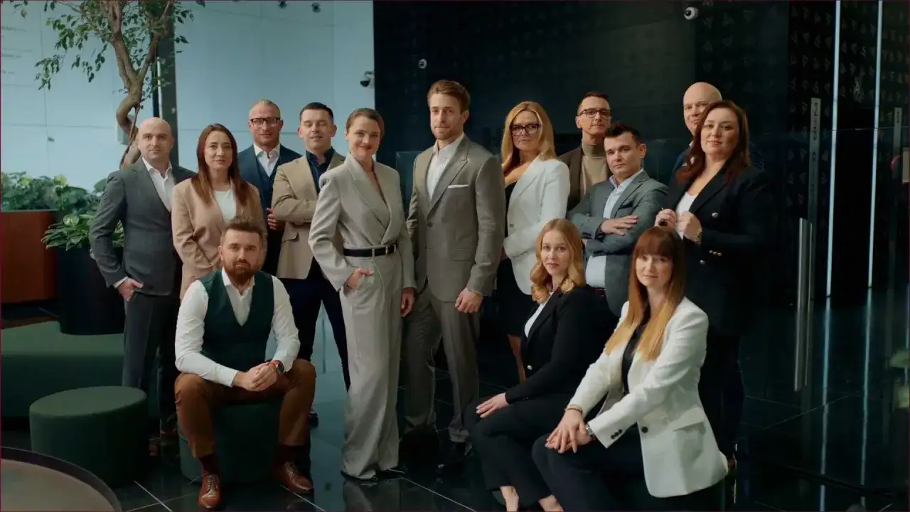 Grupa profesjonalistów w eleganckich strojach pozuje do zdjęcia w nowoczesnym wnętrzu.