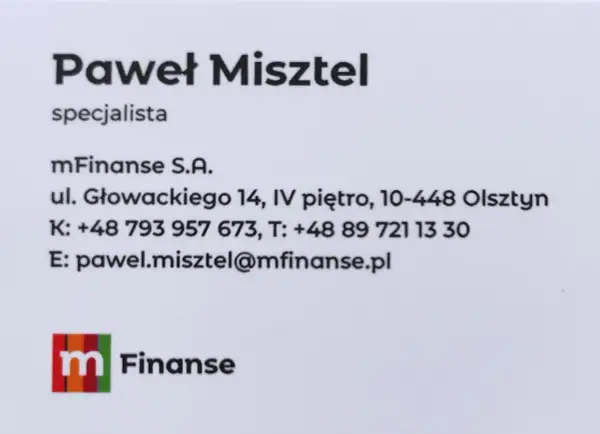 Wizytówka Pawła Misztela, specjalisty mFinanse S.A. w Olsztynie.